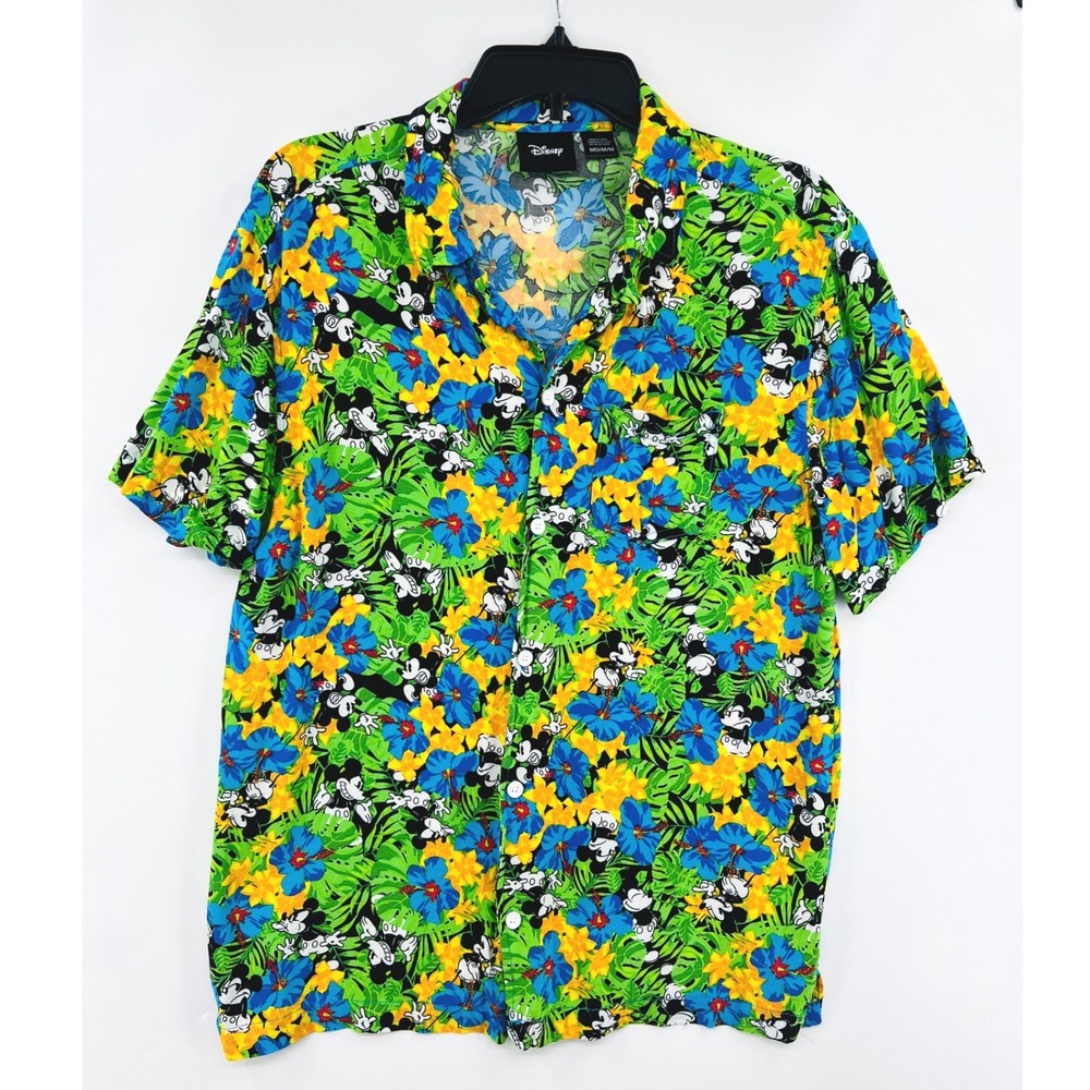 Disney‎ Mickey Mouse Button Down Shirt Mens M Green Tropical Floral Rayon Camp